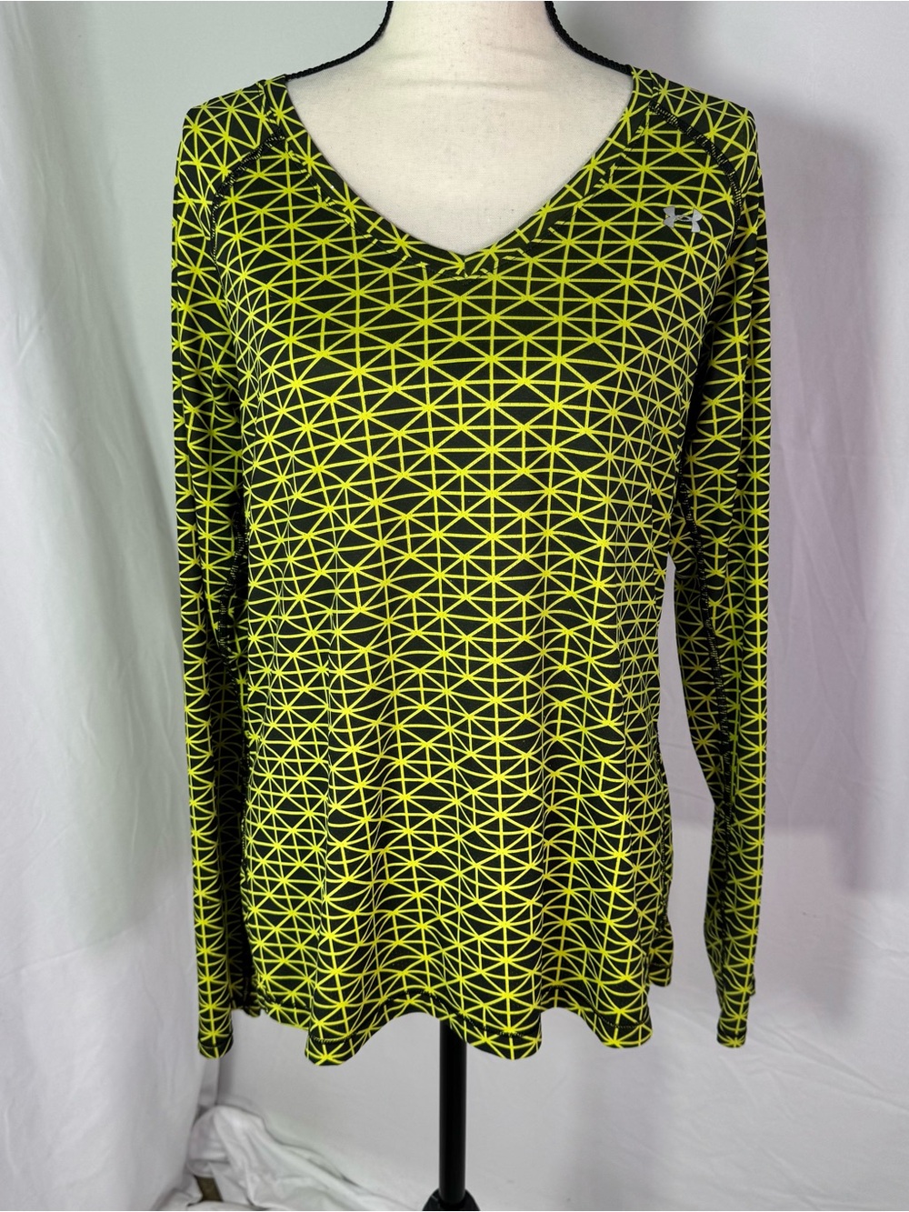 Vintage Under Armour HeatGear Geo Print Fitted Top Neon Sz L Active